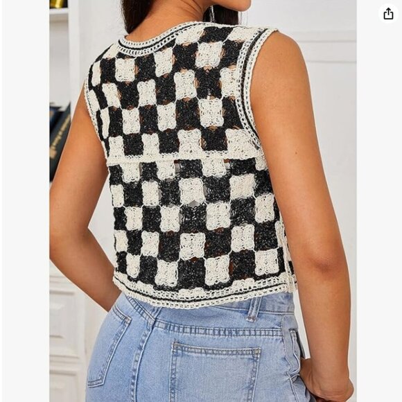 Button Front V Neck Sleeveless Crochet Plaid Checkered Knit Sweater Vest - Picture 2 of 7
